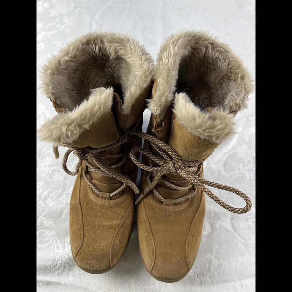 Baretraps Boots Womens Size 7.5 M Tan Leather Faux Fur Lined Lace Up Flat Heel - Picture 4 of 9